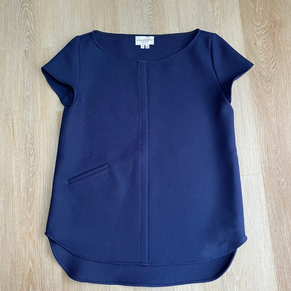 Charlotte Brody New York Navy Blue Textured Crepe Cap Sleeve Blouse Top Medium - Picture 1 of 5